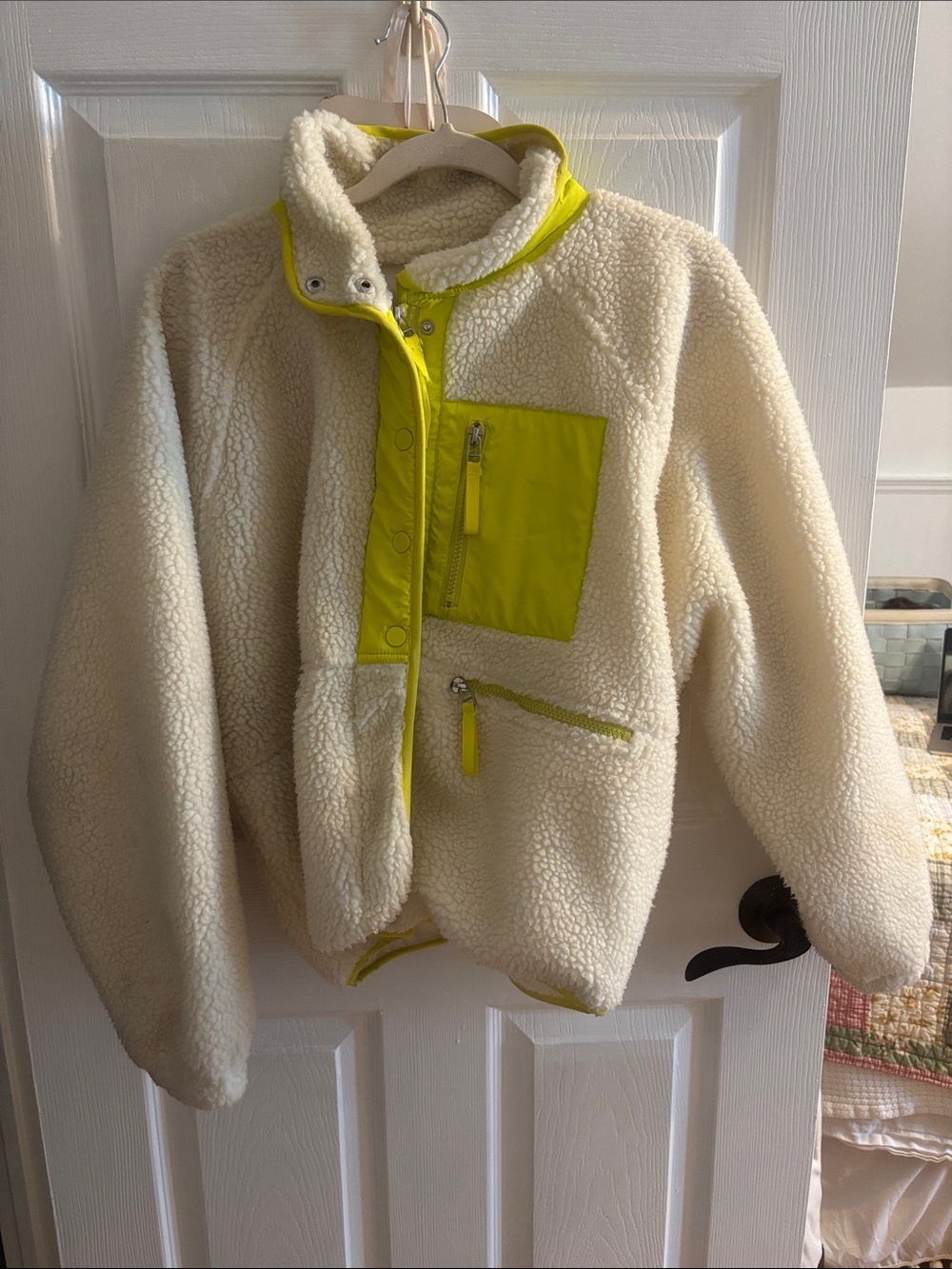 Andrew Marc Cream Sherpa Jacket with Neon Yellow Trim